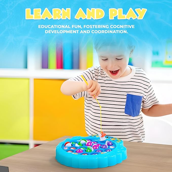 IPIDIPI TOYS Fishing Game for Kids, Hook Fishing Set for Toddlers - Rotating Fish Board with Music, Educational, Fine Motor Skill Activity for Boys and Girls - Blue, 21 Fish, 4 Poles