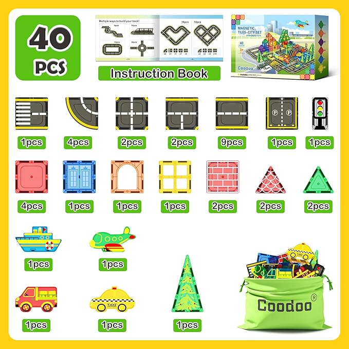 Magnetic Tiles City Road with Cars Kids Toys for Ages 5-7 3-5 4-8, STEM Magnetic Blocks Building Toddler Toys, Creative Gifts Sensory Toy for 3+ Year Old Boys and Girls