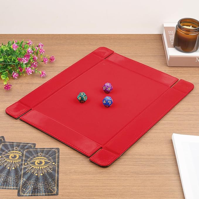 PU Leather Dice Tray Magnetic Folding Dice Rolling Mat with Red Felt Lining for Dice Games Portable Tabletop Board Games Tray