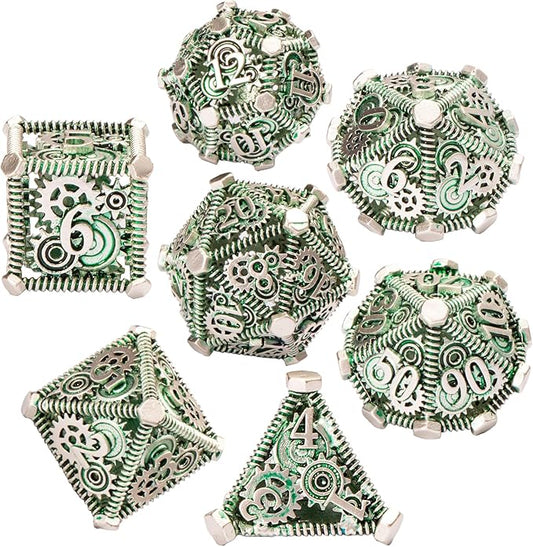 DND Metal Dice Set, UBEUCK 7PCS Gear Metal DND Dice Set for Dungeons & Dragons Board Games Boxes(Gear Green)
