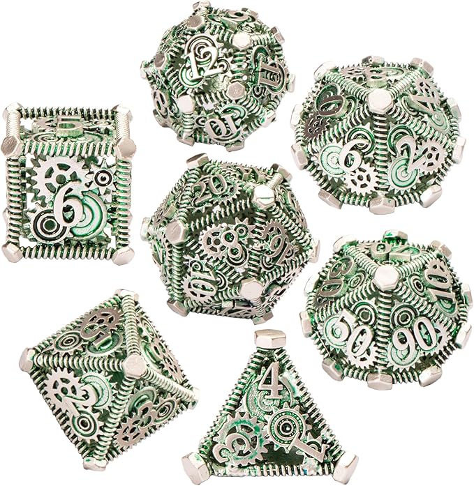 DND Metal Dice Set, UBEUCK 7PCS Gear Metal DND Dice Set for Dungeons & Dragons Board Games Boxes(Gear Green)