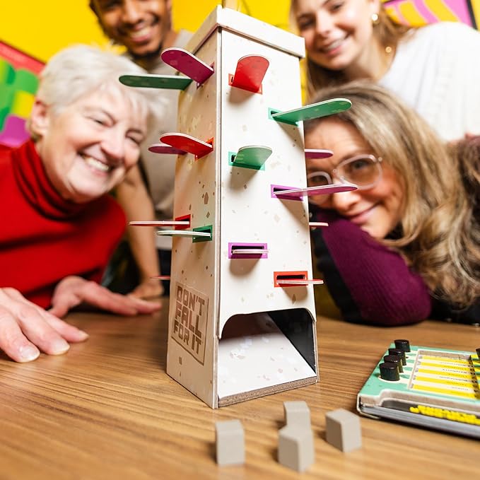 Don’t Fall for It! Family Board Game – Team Party Game of Real vs Fake Answers – Avoid The Tower Drop, Remove Planks Carefully, and Dodge 11 Blocks to Win – Ages 10+