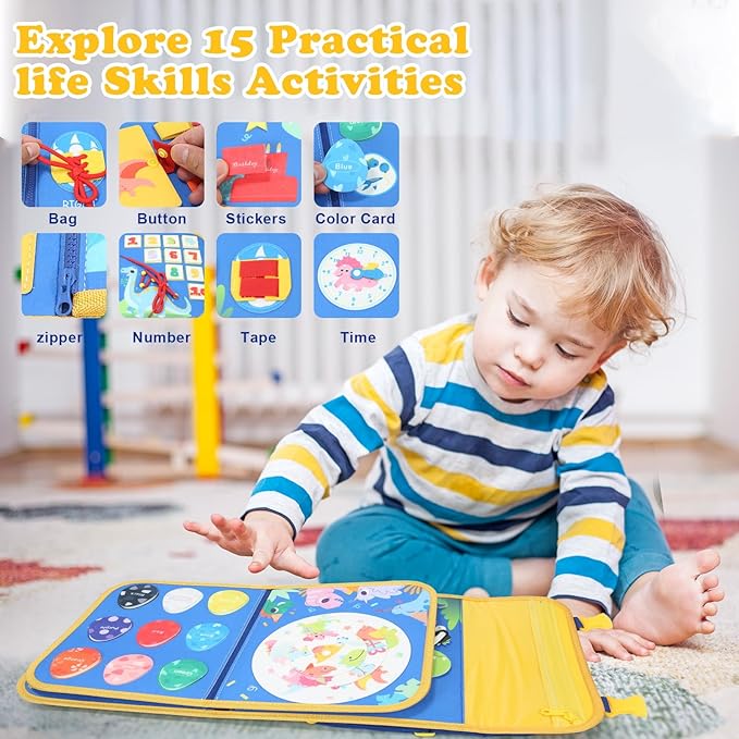 18 in 1 Toddler Montessori Busy Board Preschool Learning Activities with Life Skill Logical Thinking Fine Motor Skills Busy Board for 2-6Year Old for Toddler Toys for Boys Girls Gifts, Blue