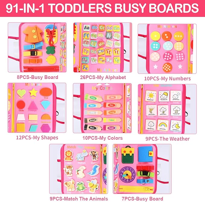 Busy Board, 7 in 1 for 3+ Years Old, 91Pcs Montessori Board to Learn Fine Motor Skills, Sensory Board, Preschool Educational Toys for Toddler Travel - Pink