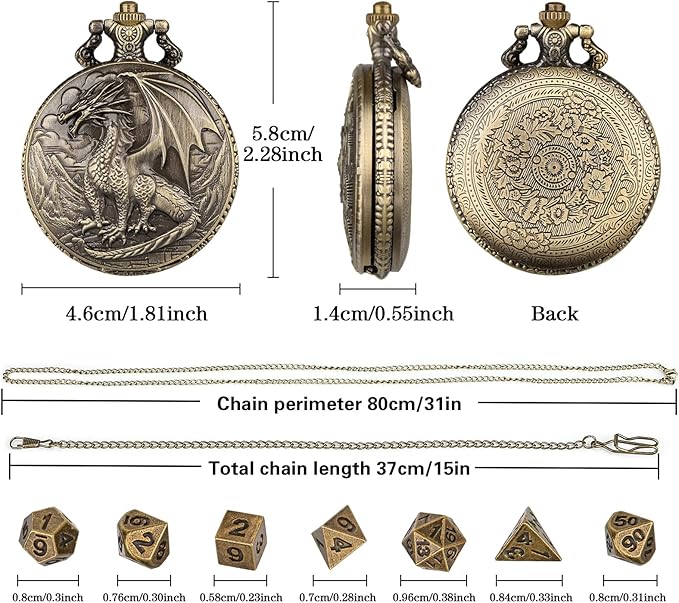 Mini DND Dice Set with Steampunk Dragon Pocket Watch Case, Tiny 7-Piece Polyhedral Metal D&D Dice, DND Gifts with Gift Box for DND Lovers, Role Playing Game Board Game Accessories Dice, Bronze