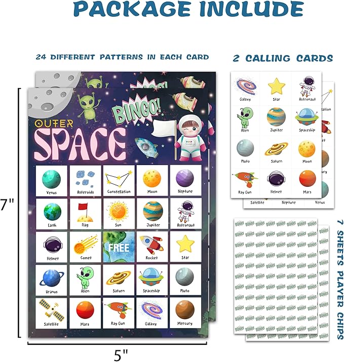 Space Bingo Card Game, Outer Space Bingo Game for Family Adults, Space Birthday Party Supplies, Favors, Space Party Decorations, Gift – 24 Players Bingo Game, C04