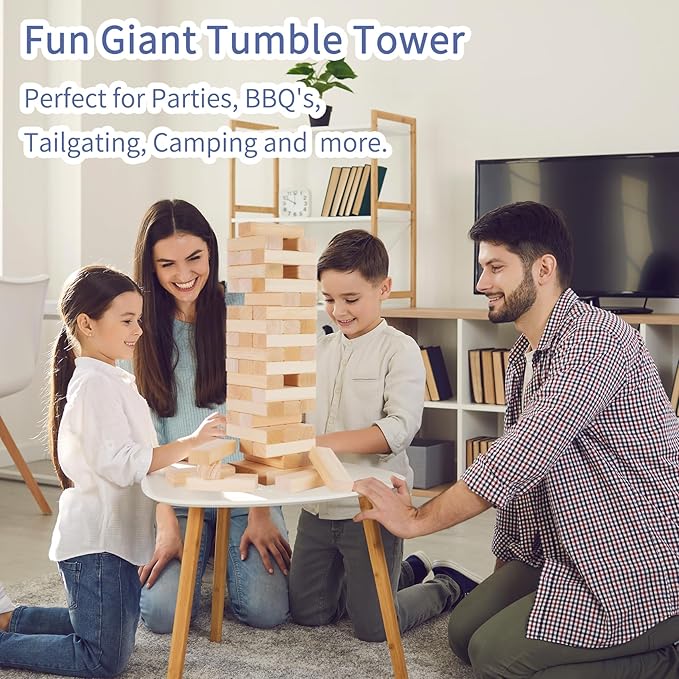 Giant Tumble Tower, 56 PCS Wooden Stacking Game (Stack to 3.5FT) - Pine Stack Timber Board Play with Carrying Bag-Classic Indoor/Outdoor Games for Adults Family