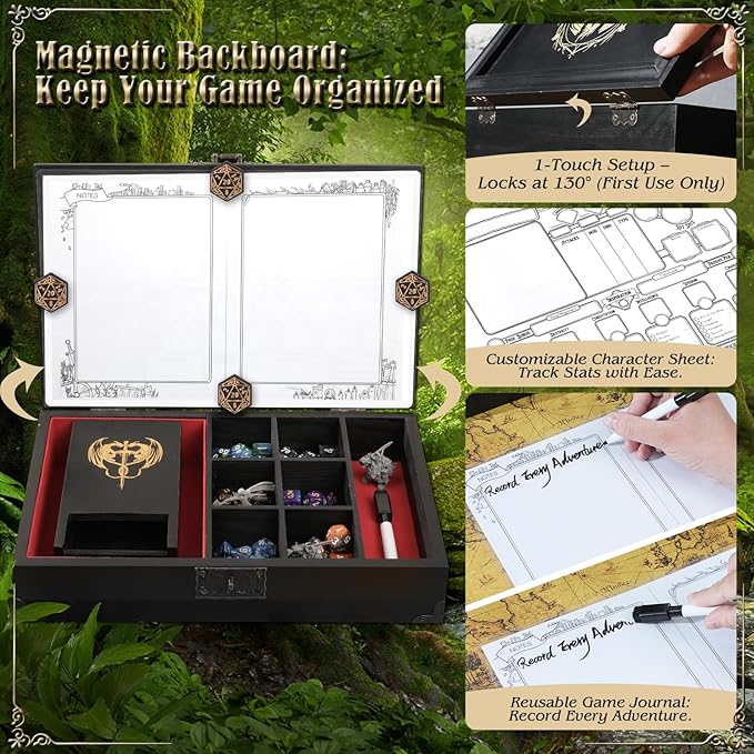 Portable Wooden Dice Tray & Tower with Magnetic Dashboard, Includes Reusable Sheet & Dry Erase Marker, Dice Holder & Box, RPG Storage - Perfect for Dungeons and Dragons, D&D, Board Games