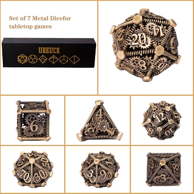 DND Metal Dice Set, UBEUCK 7PCS Gear Metal DND Dice Set for Dungeons & Dragons Board Games Boxes(Bronze Gear)
