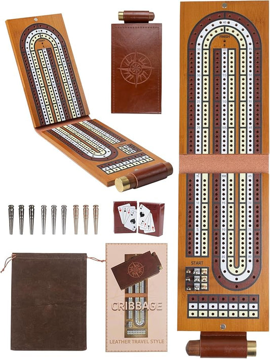 Cribbage Board Game Set,Solid Wood 3 Track Cribbage Board, 9 Metal Pegs,2 Decks of Playing Cards,Leather Travel Cribbage Board Travel Games,Portable