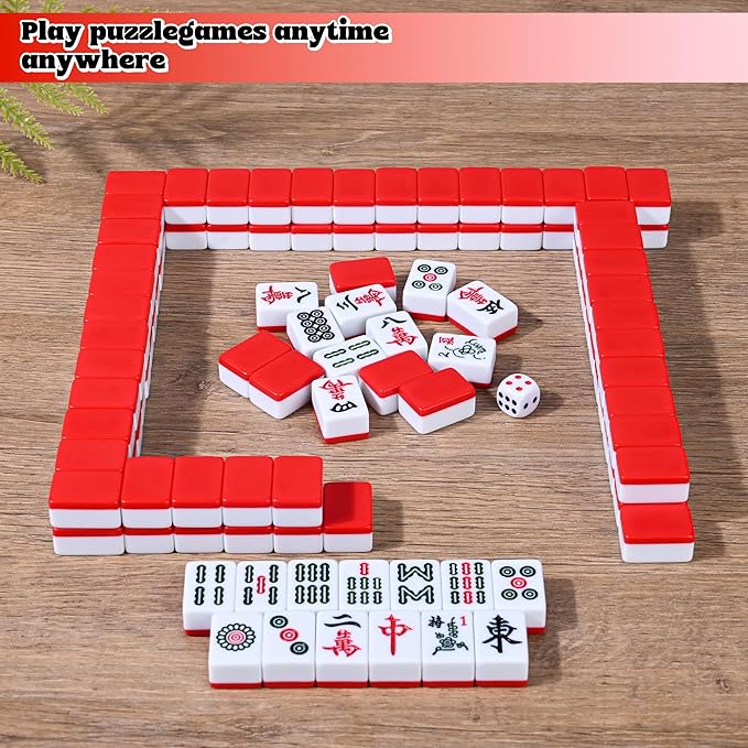 Traditional Mini Red Chinese Mahjong Game Set 144 Tiles, with Portable Handbag, Tile Size - 2.4 * 1.5 * 1.1 cm (1.0 * 0.6 * 0.5 inches)(中国麻将)