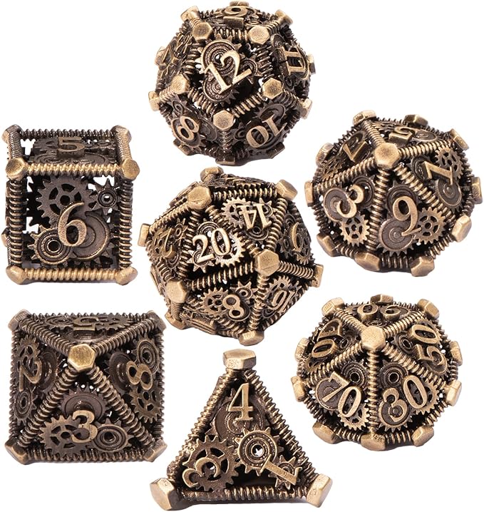 DND Metal Dice Set, UBEUCK 7PCS Gear Metal DND Dice Set for Dungeons & Dragons Board Games Boxes(Bronze Gear)