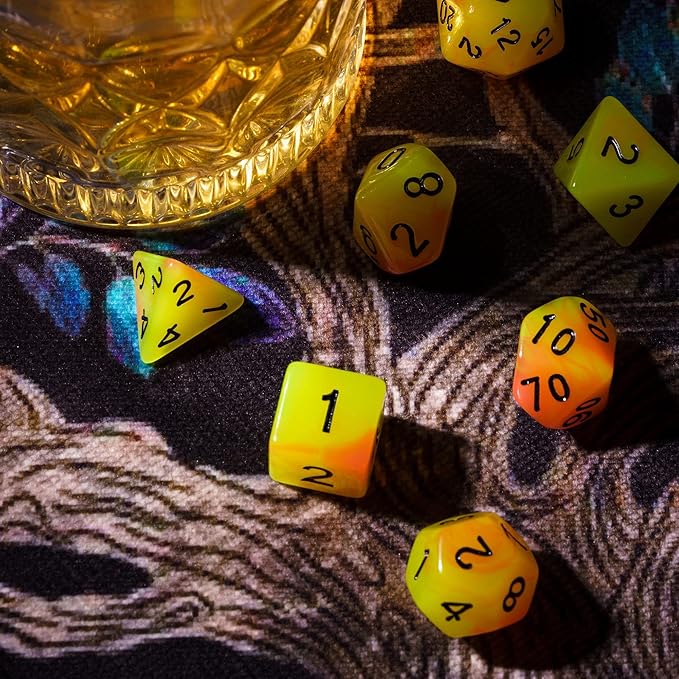 Glow in The Dark DND Dice, 7Pcs Luminous Polyhedral Dice Set with Leather Dice Bag, Glowing D&D Dice for Dungeons and Dragons, RPG, MTG Table Games(Yellow Orange)