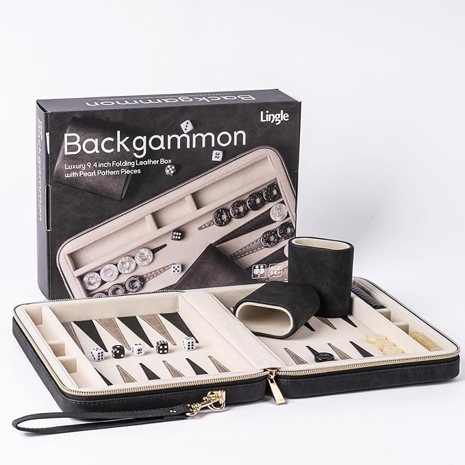 Backgammon Sets for Adults, Classic Board Game with Folding Leather Backgammon Case, Portable Travel Backgammon Game Set (Black)