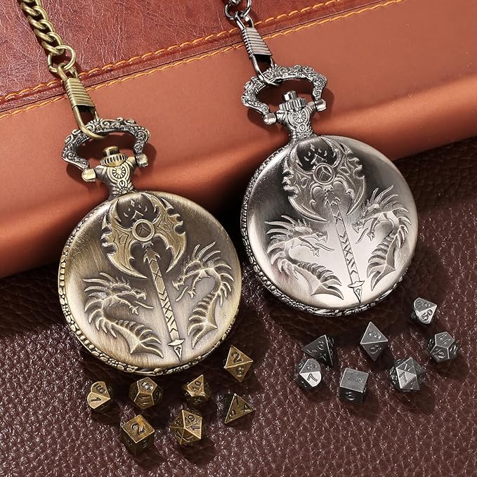 Mini DND Dice Set with Double Headed Dragon(Top Double-Sided Axe) Pocket Watch Case, 7-PCS Polyhedral Metal D&D Dice, DND Gifts with Gift Box, Role Playing Game Board Game Accessories Dice, Bronze