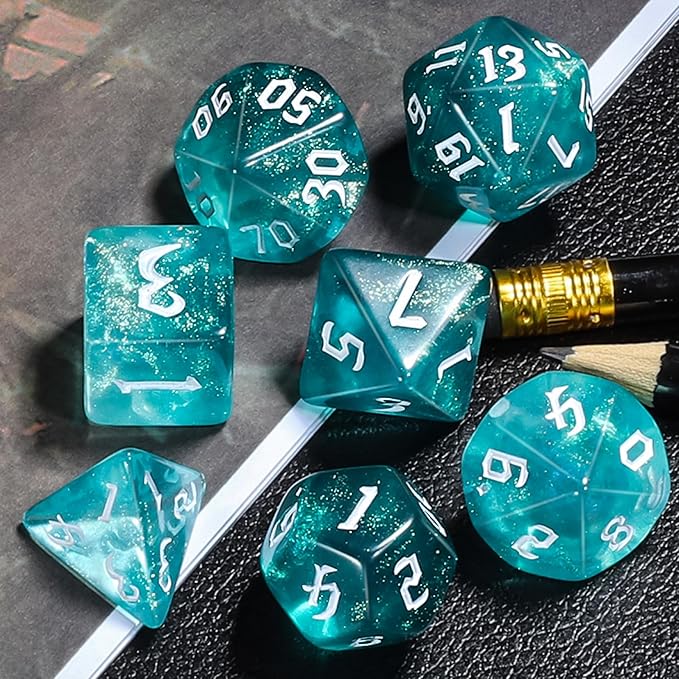 CiaraQ DND Polyhedral Dice Set for Dungeons and Dragons RPG MTG Role Playing Table Games-with 1 Dice Pouch (Aquamarine + Glitter)