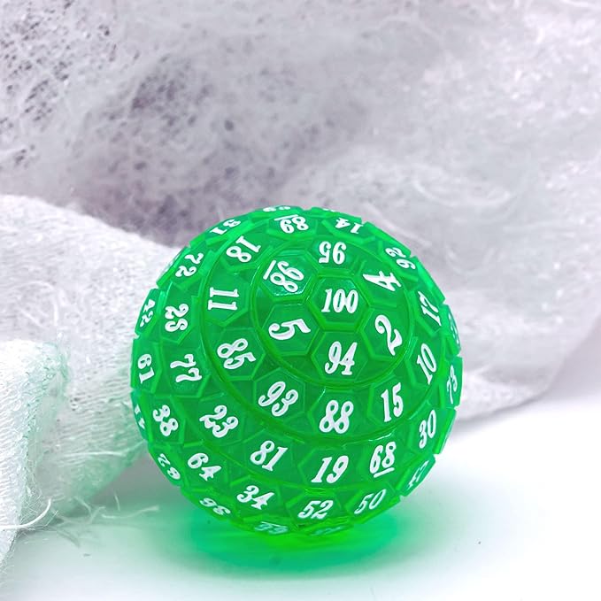 100 Sided Polyhedral Dice, Single D100 Game Dice, 100 Sided Cube with Black Pouch, D100 die 48 mm (Green with White Number)