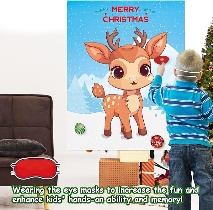 Christmas Games for Families, Pin the Nose on the Reindeer, Christmas Stickers Games for Families Adult Kids Party Favors Supplies and Xmas Gifts New Year Activities Decor with 12pcs Nose Stickers