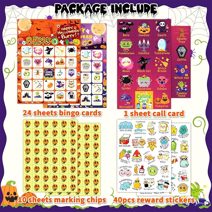 Halloween Bingo Cards, 24 Players Halloween Bingo Game for Kids Adults with Punny Stickers Cute Party Game for Family Classroom Large Group