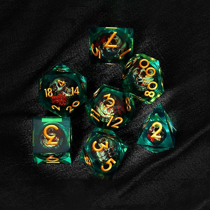 Skull DND Dice Set 7pcs Sharp Edged Resin RPG Dice for Dungeons and Dragons with Gift Box (Green Red)