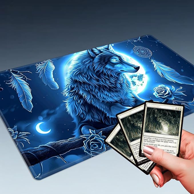MTG Playmat Size 23.6x13.8in with Storage Bags Portable Playmat TCG and Board Game Mat for Cards Rubber Base Slip-Resistant Mousepad Desk Mat (Wolf,No with Zone)