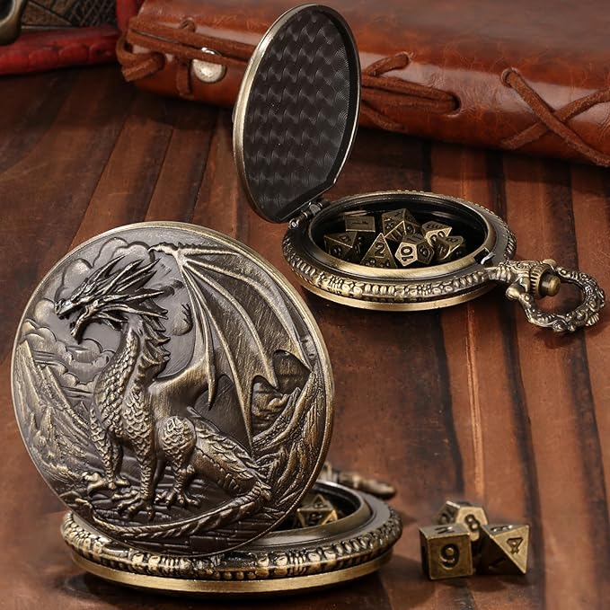 Mini DND Dice Set with Steampunk Dragon Pocket Watch Case, Tiny 7-Piece Polyhedral Metal D&D Dice, DND Gifts with Gift Box for DND Lovers, Role Playing Game Board Game Accessories Dice, Bronze
