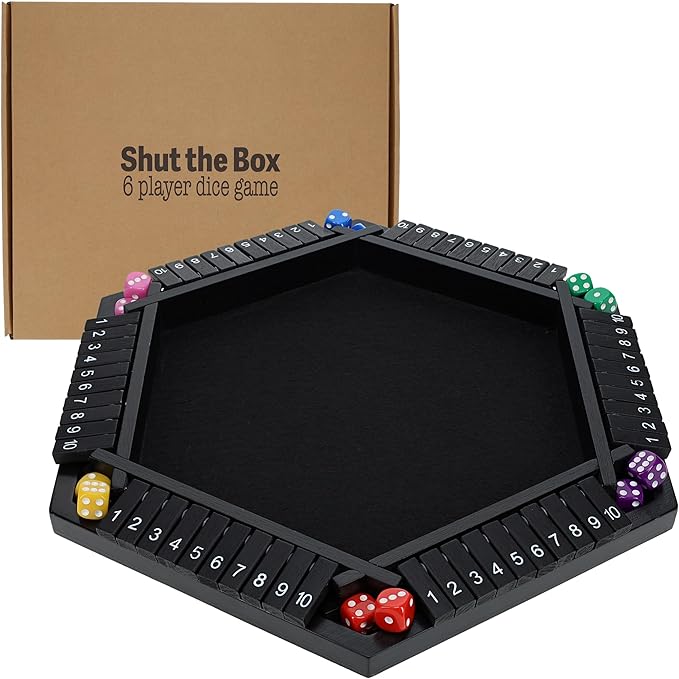 Shut The Box Game 6 Player – Black Painted Wood, Wooden Board Game, Table Games for Adults, Bar Games, Portable Dice Game for 1-6 Players, Classic Games