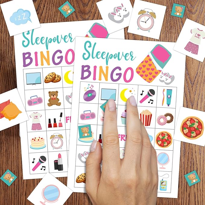 24 Players Sleepover Party Bingo Game Cards, Slumber Party Bingo Game for Large Group, Pajama Party Bingo Game Activity for Family Friend Adult Holiday -06