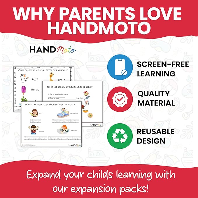 HandMoto Kids Spanish-English Activity Pack Sheets - Use Our Spanish Activity Pack for Any Age to Make Learning Fun - Improve Word Recognition & Vocabulary with Our Spanish-English Activity Pack