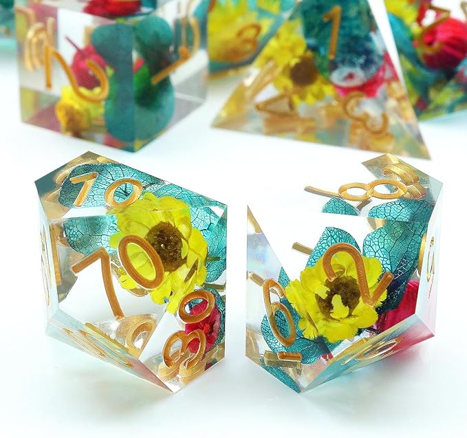 Haxtec Flower Sharp Edge Dice Resin DND Dice Set 7PCS Yellow Blue Red Polyhedral D&D Dice for Role Playing Dice Games as Dungeons and Dragons