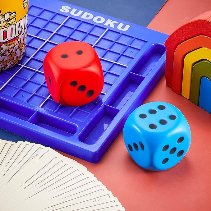 Zomiboo 2 Pcs Large Foam Dice Stress Balls Soft Jumbo 6 Sided Giant Dice Educational Learning Squeeze Anxiety Relieve Toy Gifts for Adults Kids Board Game Classroom(Red, Blue,2.3 Inch)