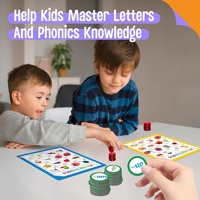 Alphabet & Phonics Bingo Game, 12 Bingo Boards ABC Letters, CVC Blends Words Phonetic Game, Letters Phonetic Awareness Early Educational Learning Toys - Ages 4 and up, Perfect for Classroom & At Home