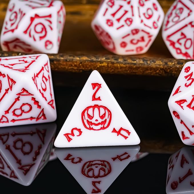 7-Die DND Dice Set Halloween Pattern Polyhedral Dice Set with Leather Bag, Skull Die D&D Die for Dungeons and Dragons RPG Table Games (Halloween Pattern-White/Red Number)