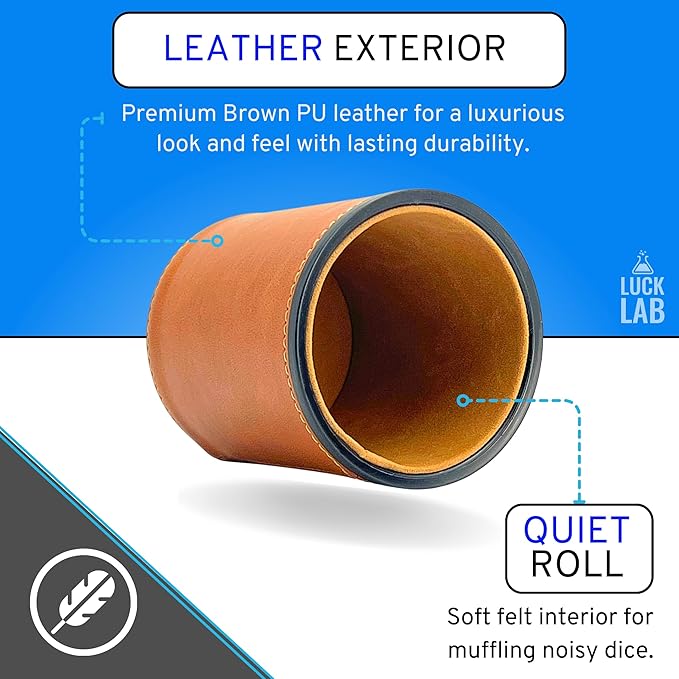 Luck Lab Brown Leather Dice Cup with Lid Including 6 Matching Pearl Dice - Tan Velvet Interior for Quiet Shaking - Use for Liars Dice Farkle Yahtzee Board Games
