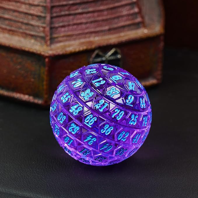 100 Sided Polyhedral Dice, Single D100 Game Dice, 100 Sided Cube with Black Pouch, D100 die 48 mm (Transparent Purple with Blue Number)