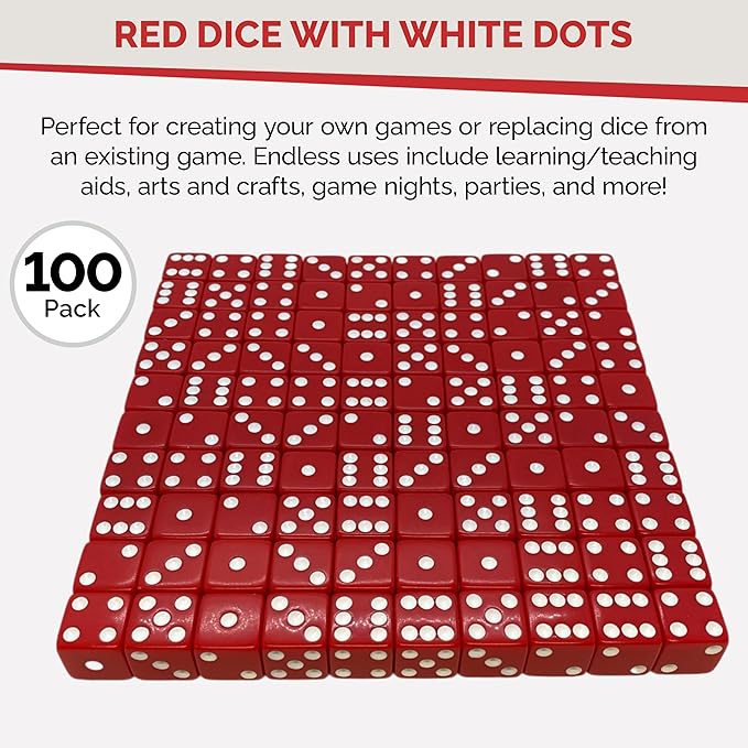 MR CHIPS D6 Standard 16 mm Opaque Dice with Pip Dots - 100 Pack - Red