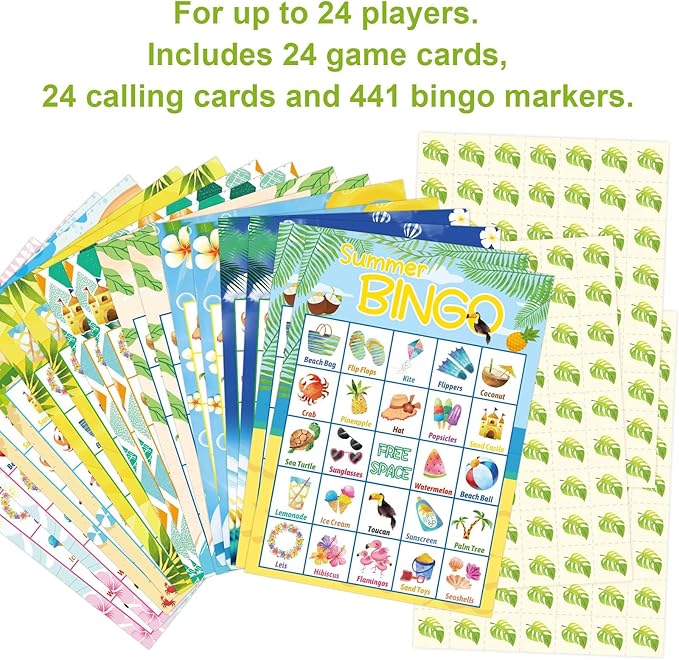 Fancy Land Summer Bingo Game for Kids 24 Players Hawaiian Tropical End of Year Summer Luau Party Favors Supplies