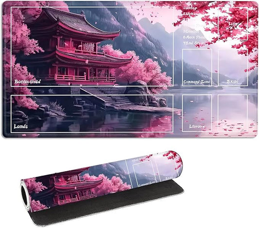 for MTG Playmat with Zones Storage Bag,for TCG Playmat and Playing Card Mat for Magic Board Games, Temple Cherry Tree Non Slip Stitched Edges Game Mat, Rollable Foldable Card Playmats