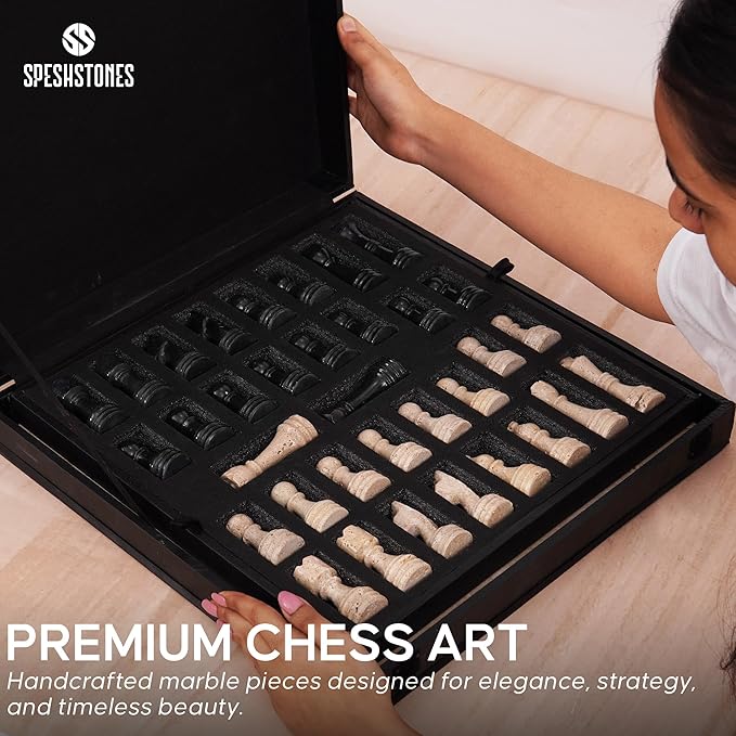 Marble Chess Set 15 Inch Travertine & Black Checkers Board Game with Pieces, 2 Extra Queens and Storage Box, Strategy Set for Adults & Family, Travel, Tabletop Play