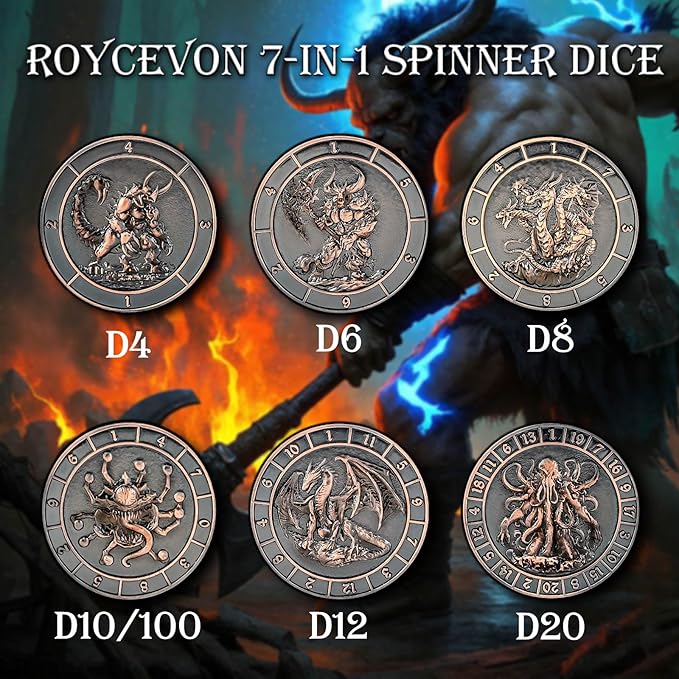 7 in 1 Spinner DND Dice Set, Metal D and D Dragon Dice with Gift Box, Role Playing Dice, Copper