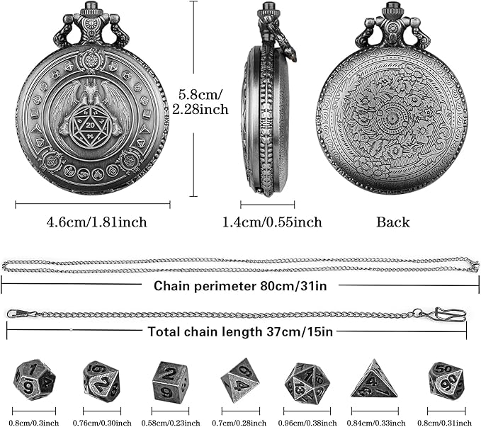 Mini DND Dice Set Dragon Pocket Watch Shell Case, 7pcs Polyhedral Metal D&D Dice Set, DND Gifts with Gift Box, D&D Gift, Role Playing Board Games Accessories, Dark Silver