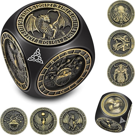 DND Spinner Dice, 7 in 1 Unique Metal Dice Set with 3D Relief for Dungeons and Dragons Gifts, Cool Polyhedral Role Playing Game Dice, Fantasy D&D Tabletop RPG Accessories for DM & Player (Black)