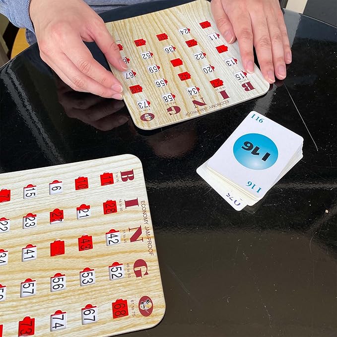 MR CHIPS Jam-Proof Bingo Cards with Sliding Windows, 25 Reusable Shutter Cards, 75 Calling Cards 1 Master Board in Tan Woodgrain Style