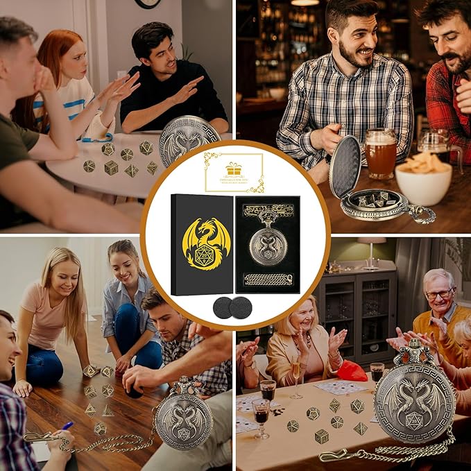 Mini DND Dice Set with Steampunk Double Dragon Pocket Watch Case, Tiny 7-Piece Polyhedral Metal D&D Dice, DND Gifts with Gift Box, Role Playing Game Board Game Accessories Dice, Bronze
