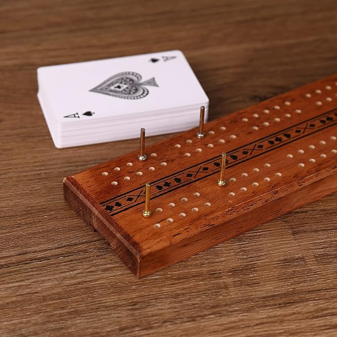 STERLING Games Wooden Cribbage 12 inch Double Track Cribbage Board Playing Cards Included, Wood Burnt Unique Poker Design Cribbage Board for 2 Persons