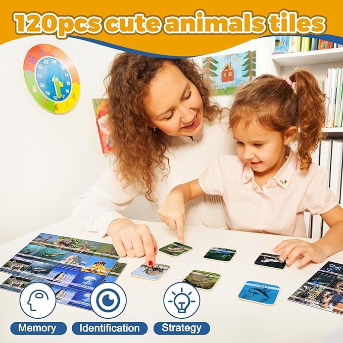 GOLDGE 120PCS Memory Match Game for Kids | Animal Theme | Educational Toddler & Preschool Activity | Boys, Girls, & Family Fun | Board Game