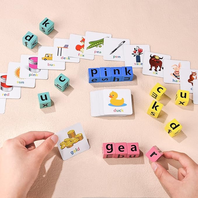 DragonflyDreams Wooden Blocks Spelling Puzzles, Matching Letter Game, Kids Learning Toys Ages