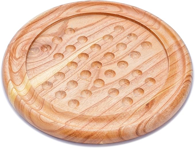 Ajuny Handcrafted Wooden Solitaire Board Game, Classic Round Design with 33 Marbles, 9x9 Inch – Strategic Mind Game for All Ages