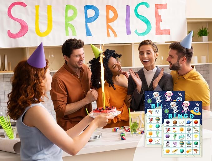 Space Games Bingo Cards, Cosmic Theme Game for Family Friends Large Multiplayer Group Activities, Party Birthday Favors Gifts -01, Blue
