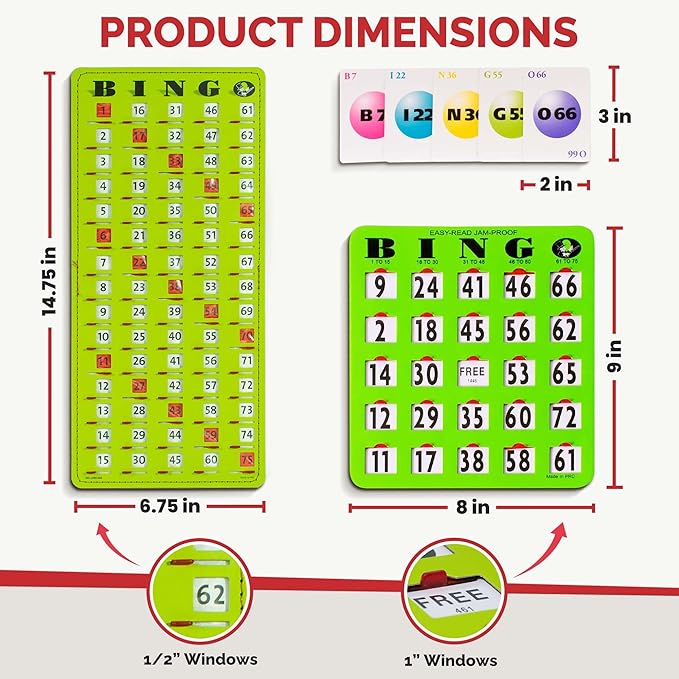 MR CHIPS Jam-Proof Bingo Cards with Sliding Windows, 50 Reusable Shutter Cards, 75 Calling Cards 1 Master Board in Green Style